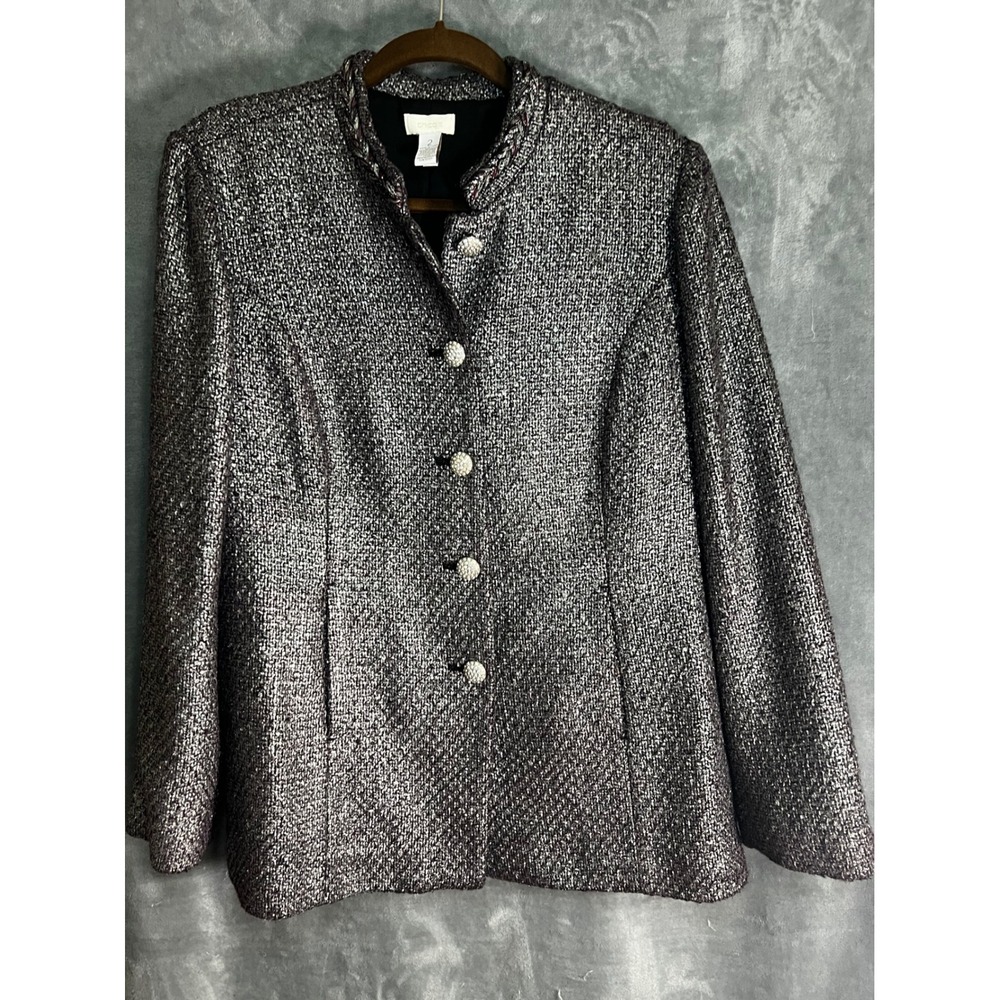 Chico's 2 Metallic Tweed Jacket Rhinestone Buttons Braided Trim Silver Black